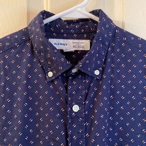 Old Navy Everyday Shirt Slim Fit Navy Orange White Flecks Button Down WM SZ S